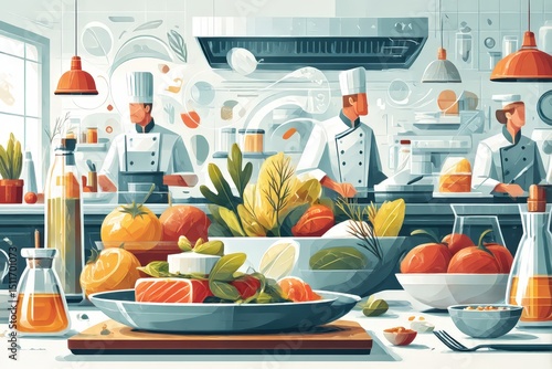 Gourmet Kitchen Scene with Chefs Creating Culinary Delights Amidst Fresh Ingredients and Modern Culinary Atmosphere in Professional Restaurant Setting