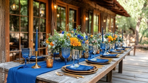 Rustic outdoor dining with vibrant floral arrangements and blue accents
