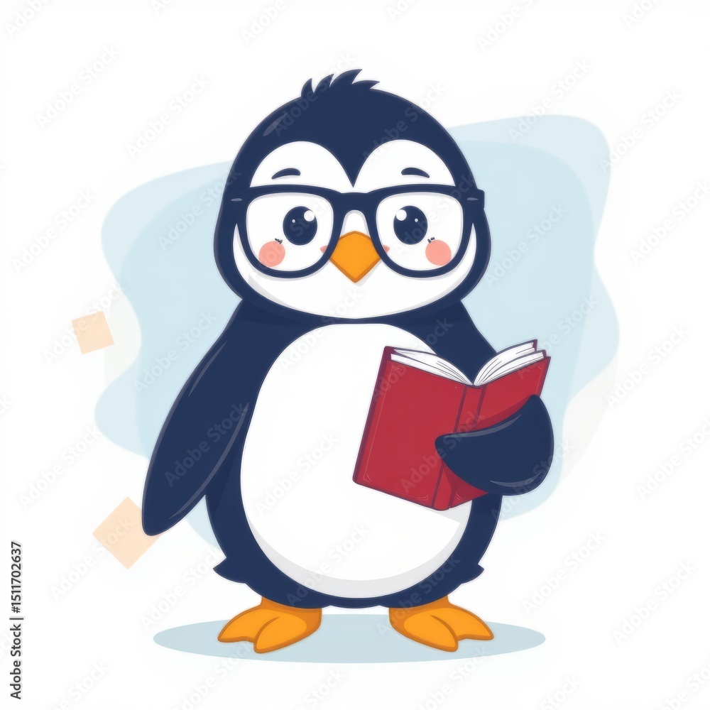 Obraz premium Flat illustration, smart penguin with glasses holding open book, abstract background