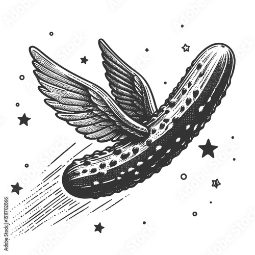 Cucumber pickle flying through stars, symbolizing fantasy, humor, and surreal creativity sketch engraving generative ai vector illustration. Scratch board imitation. Black and white image.