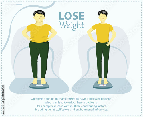 illustration of a black-haired man who wants to lose weight of obesity EPS Vector