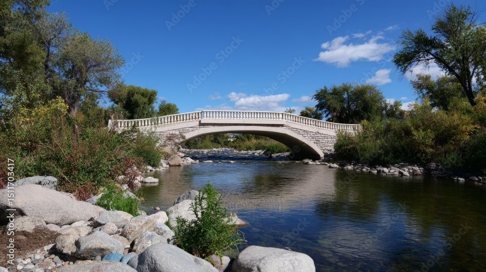 Fototapeta premium Incomplete bridge over river with verdant surroundings on a clear day