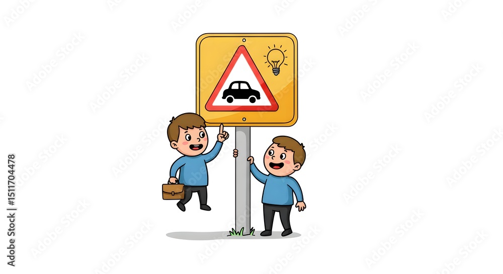 Obraz premium Two cartoon boys looking at a yellow road sign with a car and lightbulb on it cartoon