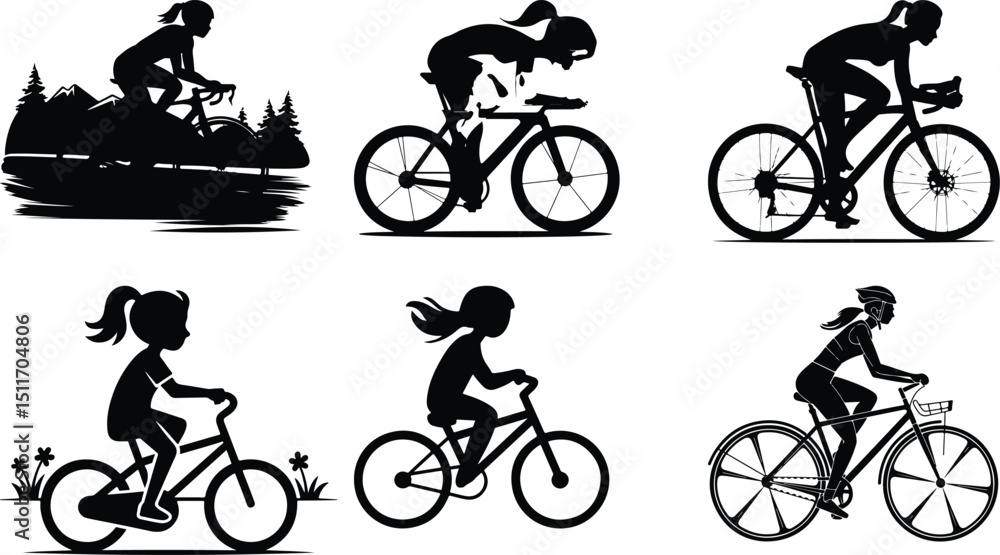 Obraz premium Girl Riding Bicycle Silhouette Set – Sporty & Active Vector Pack Cycling Girl Silhouette Collection – Bike Ride Graphic Set