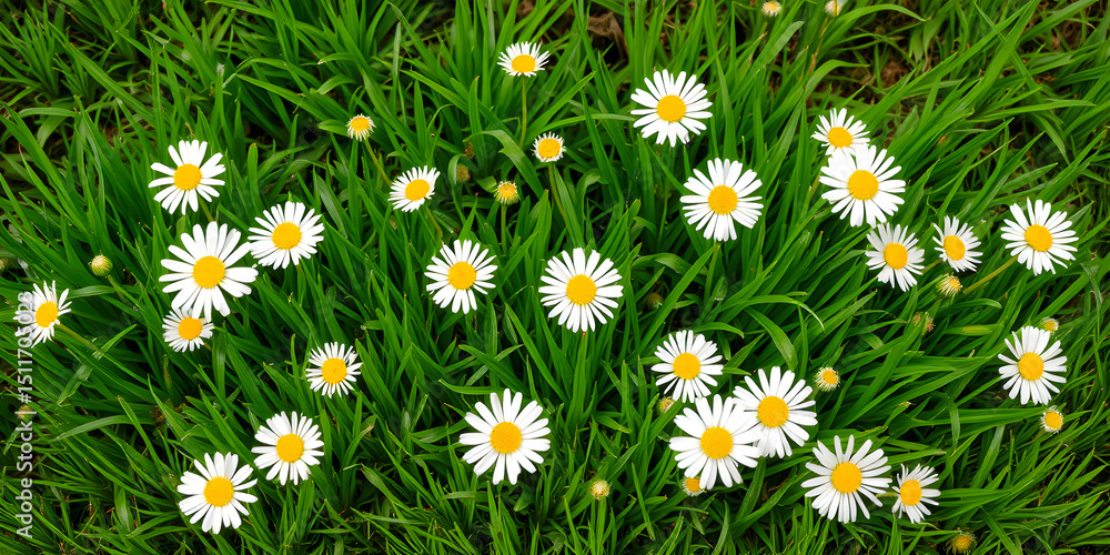 Fototapeta premium Detailed garden edge with spring daisies growing through vibrant green grass
