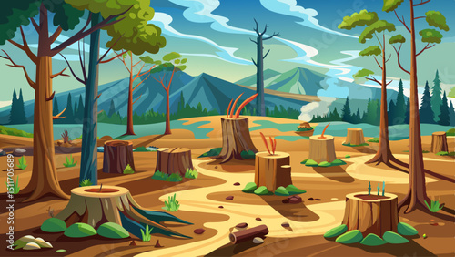 Climate Change Impact ,A deforested area with smoking tree stumps and remnants of trees, illustrating the impact of logging and environmental degradation