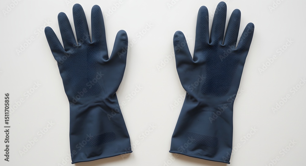 Obraz premium Two dark blue rubber gloves laid flat on a white surface, palms facing upwards wide apart