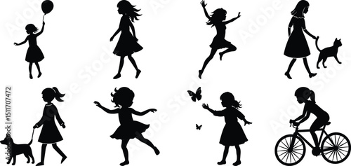 Children playing running silhouette set. Children activity vector isolated on white transparent background
