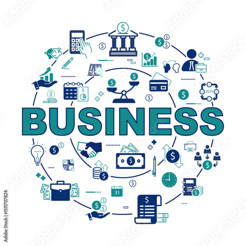 Business concept in design for web banners and graphic design. Big green word, business process and finance success. Set, investment icons, infographics. SEO, sign, money, dollars. Vector illustration