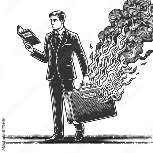 businessman holding a flaming briefcase, symbolizing financial crisis, risk, or destructive decisions in business sketch engraving generative ai vector illustration. Scratch board. Black and white.