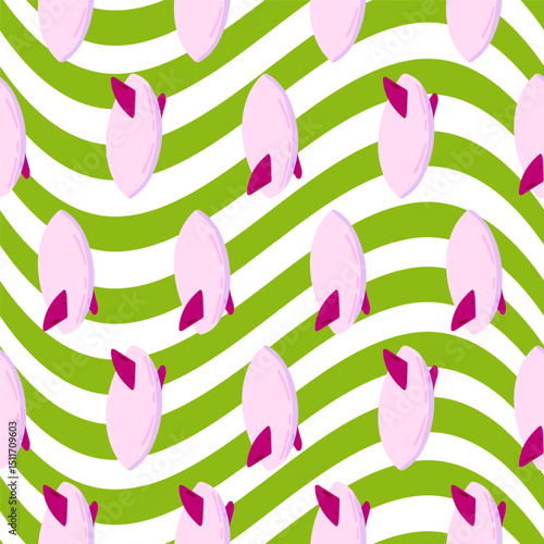 Seamless Pink Surfboard Wave Pattern — flat cartoon repeat design featuring pink surfboards with magenta fins on dynamic green and white wavy stripes, evoking the movement of ocean waves and summer en