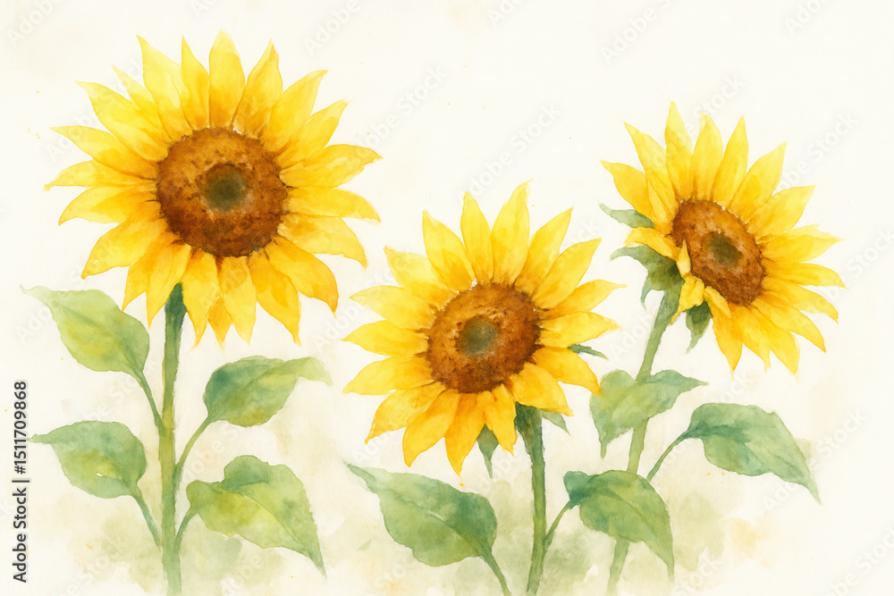 Obraz premium Watercolor sunflower trio illustration, vibrant yellow blooms on green stems
