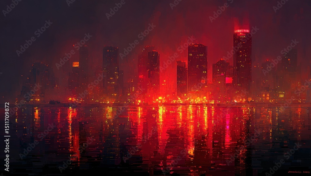 Fototapeta premium Cityscape at Night, Red Glow