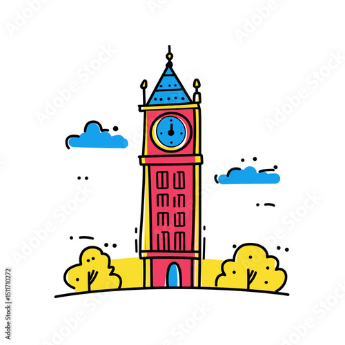 Big Ben illustration in an doodle inca cartoon style. Simple minimalist drawing of Big Ben