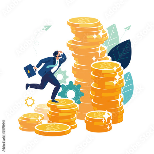 Business. Happy businessman investor joyfully climbing up on pile of money gold dollar coin growth, compound interest, money investment growth, prosperity and profitability, people Vector illustration