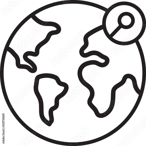 Simple black and white line drawing of globe with location pin symbolizing global positioning or navigation. illustration highlights continents and pin suggests specific point of interest