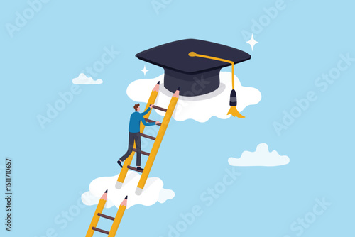 Education degree achievement, graduation or college, university diploma, school or learning classroom, wisdom or scholar concept, young adult student climb up ladder to reach graduate mortarboard hat.