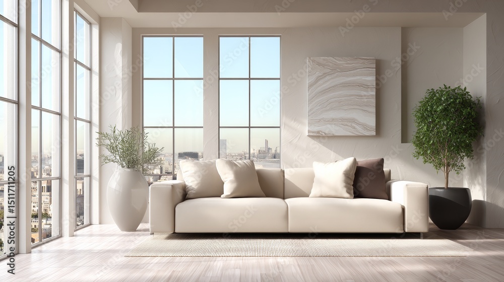 Fototapeta premium Minimalist living room with beige sofa and abstract art, bathed in soft natural light, embodying contemporary elegance and tranquility.