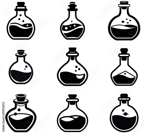 Magic Potion Bottle Icon Set Vector Silhouettes