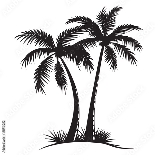 Palm Trees on Beach - Black and White Vector Illustration