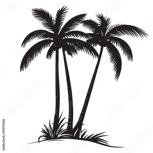 Palm Trees on Beach - Black and White Vector Illustration