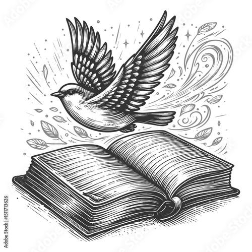 bird soaring from an open book with swirling leaves and sparkles, symbolizing imagination and freedom sketch engraving generative ai vector illustration. Scratch board imitation. Black and white.