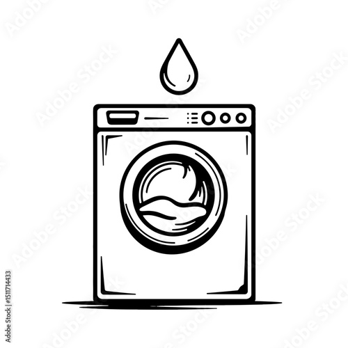 Eco-friendly washing machine line art with droplet icon, cleanliness