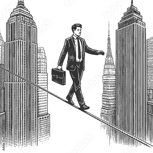 businessman balancing on a tightrope high above a city skyline, symbolizing risk, focus, and career pressure sketch engraving generative ai vector illustration. Scratch board. Black and white image.