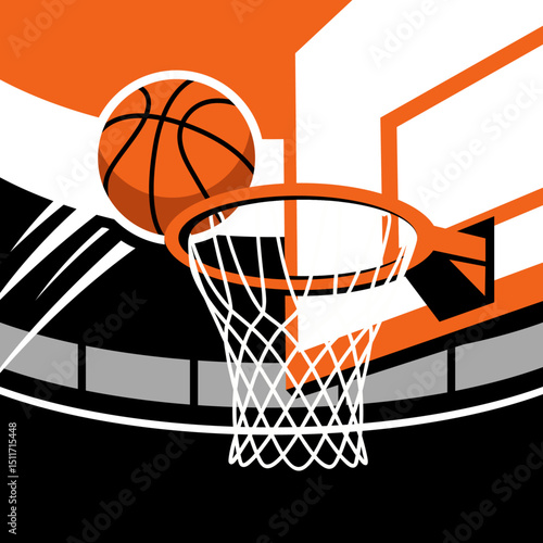basketball hoop with ball flat cartoon minimalist poster design, sport event illustration