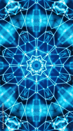 Vj Loop Blue Neon kaleidoscope. Vertical looped video. 3D rendering