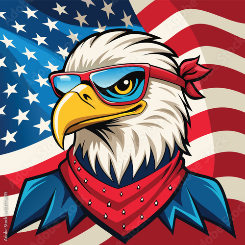 Cartoon eagle with sunglasses and american flag background