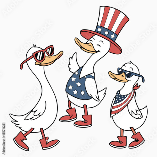 Three patriotic ducks wearing american themed accessories