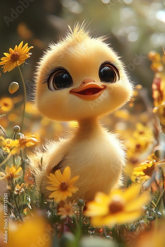Cute cartoon duckling walking through a field of yellow flowers on a sunny day