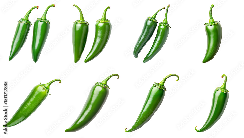 Collection of various green fresh jalapeño pepper isolated on white transparent background PNG set Collection of various green fresh jalapeño pepper isolated on white transparent background PNG set