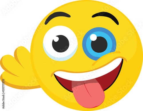 Playful one eyed winking yellow emoji vector illustration