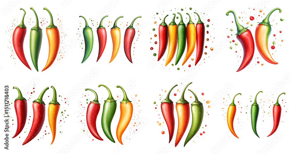 Obraz premium Collection of various a hand-drawn illustration of chili peppers in vibrant colors with artistic splashes isolated on white transparent background PNG set