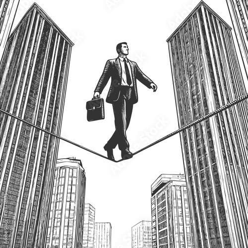 businessman balancing on a tightrope high above a city skyline, symbolizing risk, focus, and career pressure sketch engraving generative ai vector illustration. Scratch board. Black and white image.