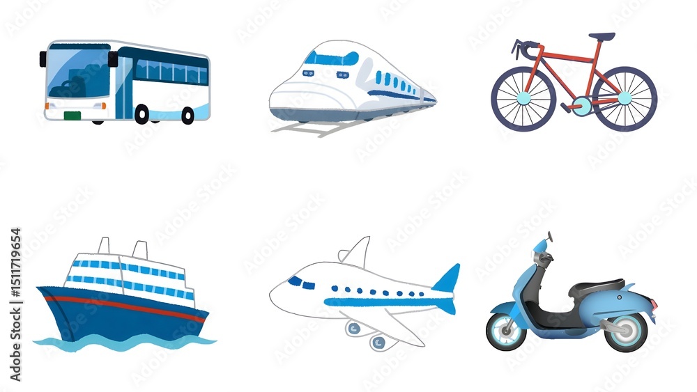 Transportation icons set: a bus, a high-speed train, a bicycle, a cruise ship, an airplane and a scooter.. Transportation icons set: a bus, a high-speed train, a bicycle, a cruise ship, an airplane and a scooter..
