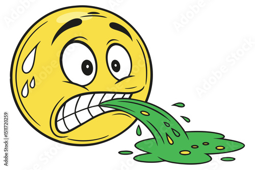 Disgusted yellow emoji vomiting green liquid illustration