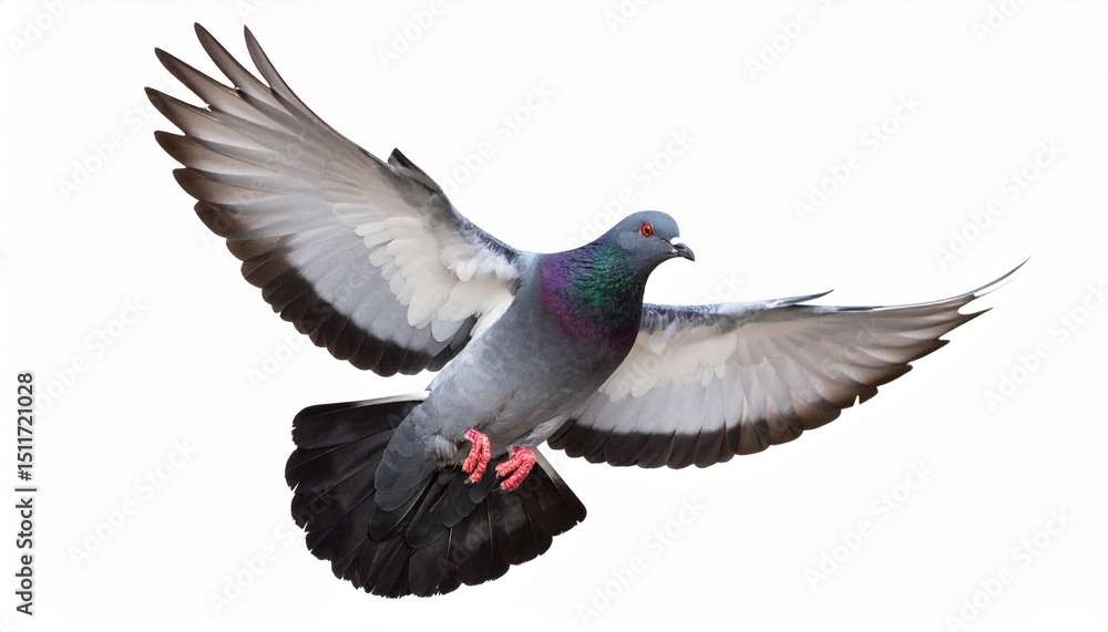 Fototapeta premium Flying mid air of pigeon bird isolated on white background