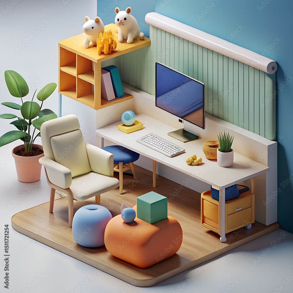 Naklejka premium Work-from-Home Scene with Pets, Clutter, and Screens – Remote Work Lifestyle Illustration