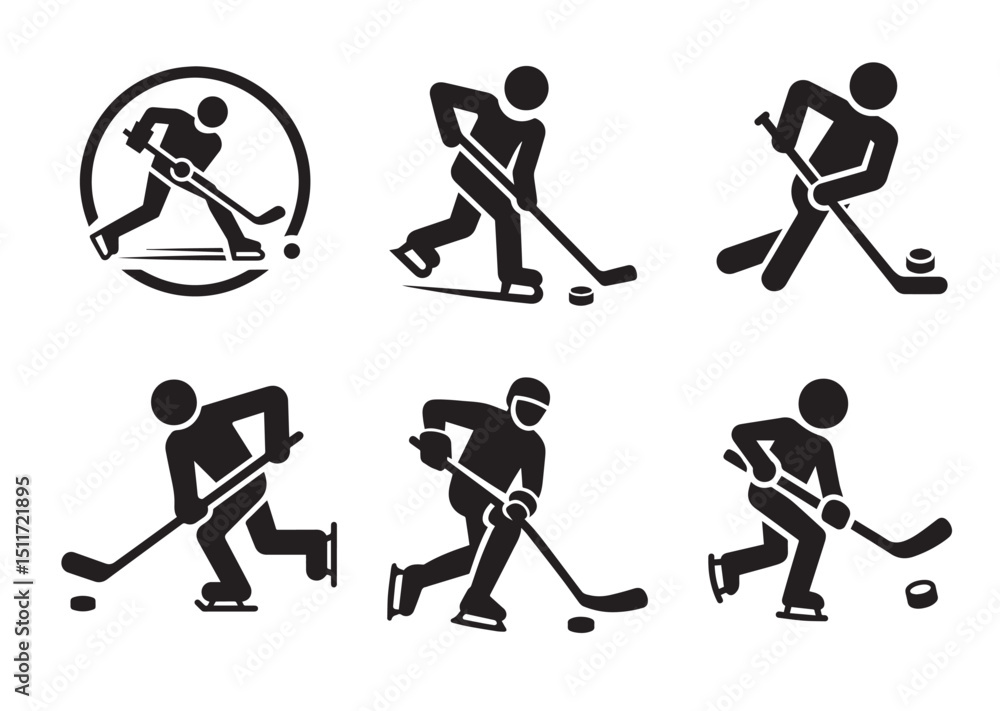 Fototapeta premium Stick Figure Playing Hockey Silhouette Vector Set
