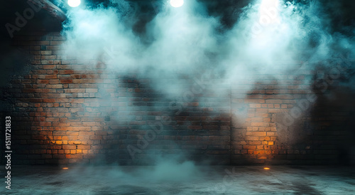 Fototapeta Naklejka Na Ścianę i Meble -  The background of an empty room with brick walls and concrete floor tiles. Neon light, spotlight, smoke