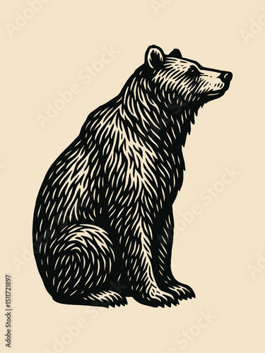 Bear sitting side view engraving style vector illustration

