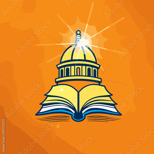 Illustration of an open book with a domed building in bright colors
