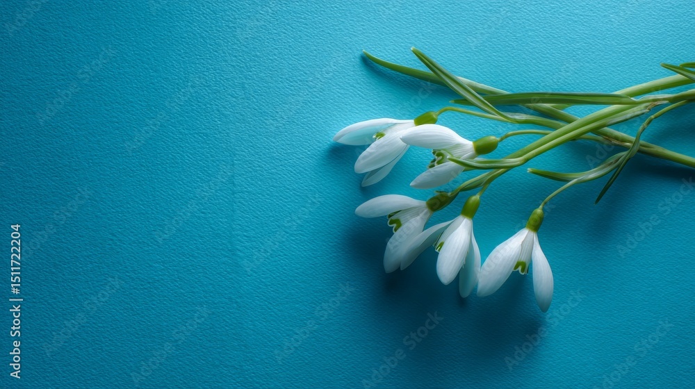 Obraz premium Snowdrop flowers arranged on blue surface, embodying spring minimalism and clean aesthetic.