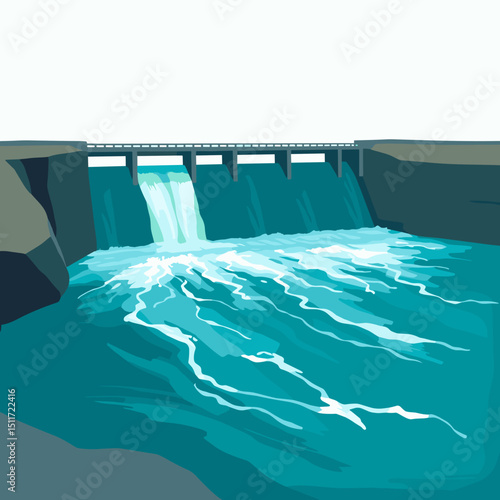 Stylized illustration of a dam with flowing water and vibrant blue tones