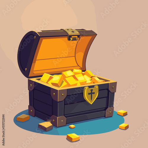 Colorful treasure chest overflowing with gold bars and coins