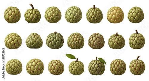 A collection of realistic sugar-apple (Annona squamosa) illustrations, showing the knobby green fruit in various orientations, some with stems and leaves.
