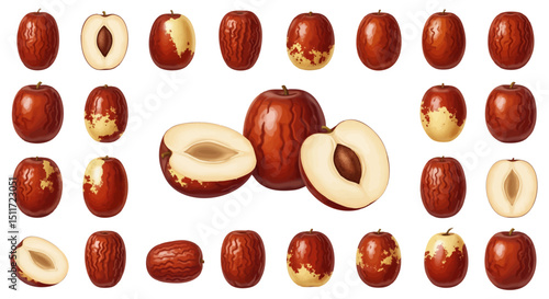 A collection of realistic jujube fruit illustrations, showing the reddish-brown fruit in whole and sliced forms, revealing the light-colored flesh and single seed.